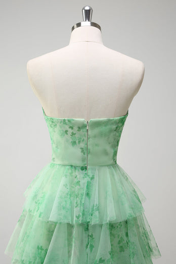 Green A-Line Strapless Floral Flower Ruffles Long Prom Dress with Slit