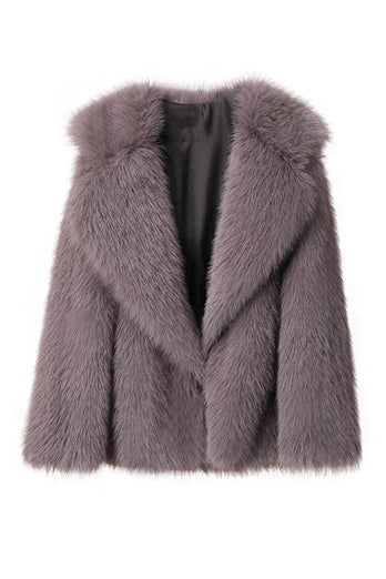 Black Notched Lapel Long Sleeves Faux Fur Short Coat