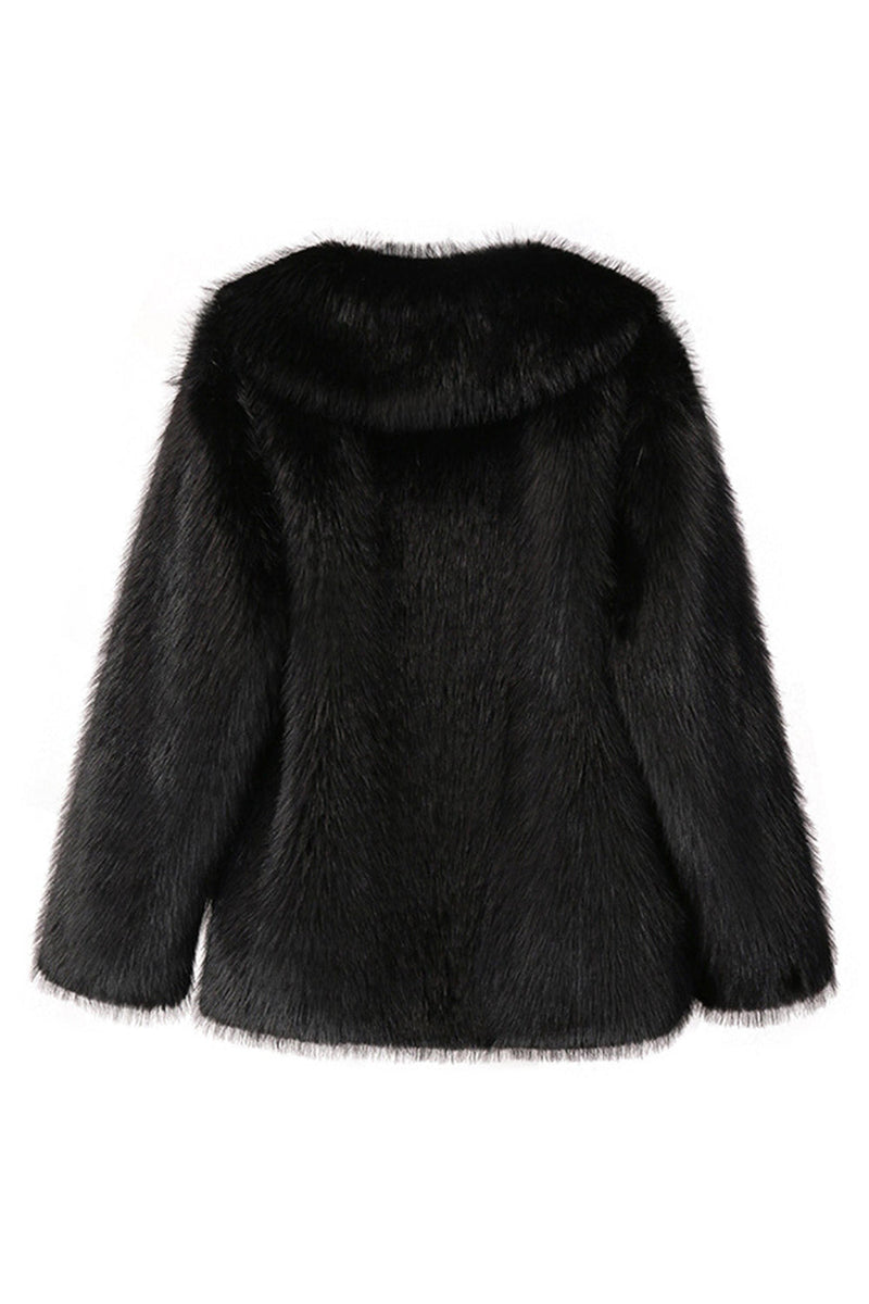 Load image into Gallery viewer, Black Notched Lapel Long Sleeves Faux Fur Short Coat