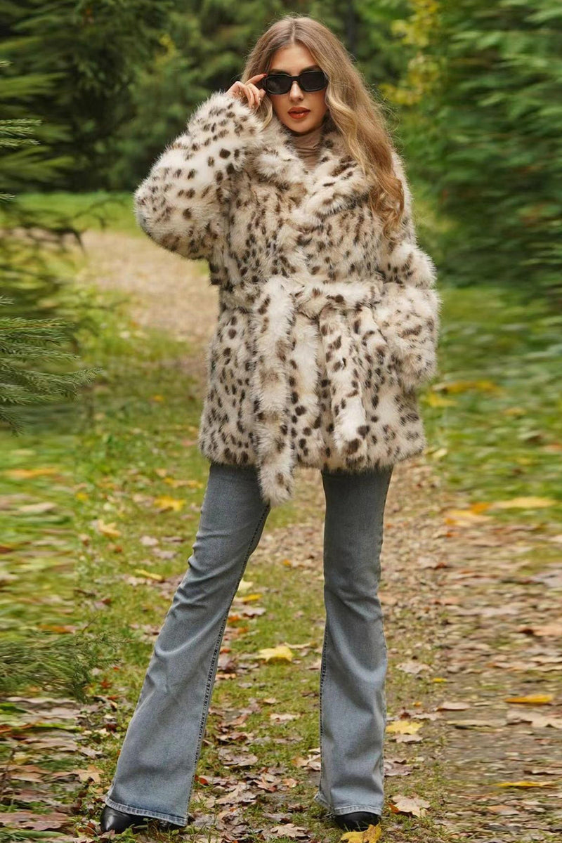 Load image into Gallery viewer, Fluffy White Leopard Faux Fur Coat with Belt