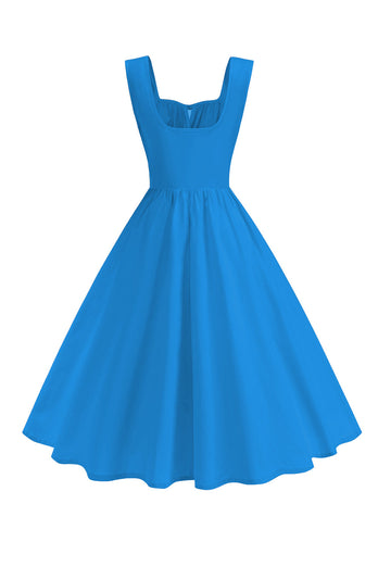 Blue Square Neck A-Line Midi 1950s Dress