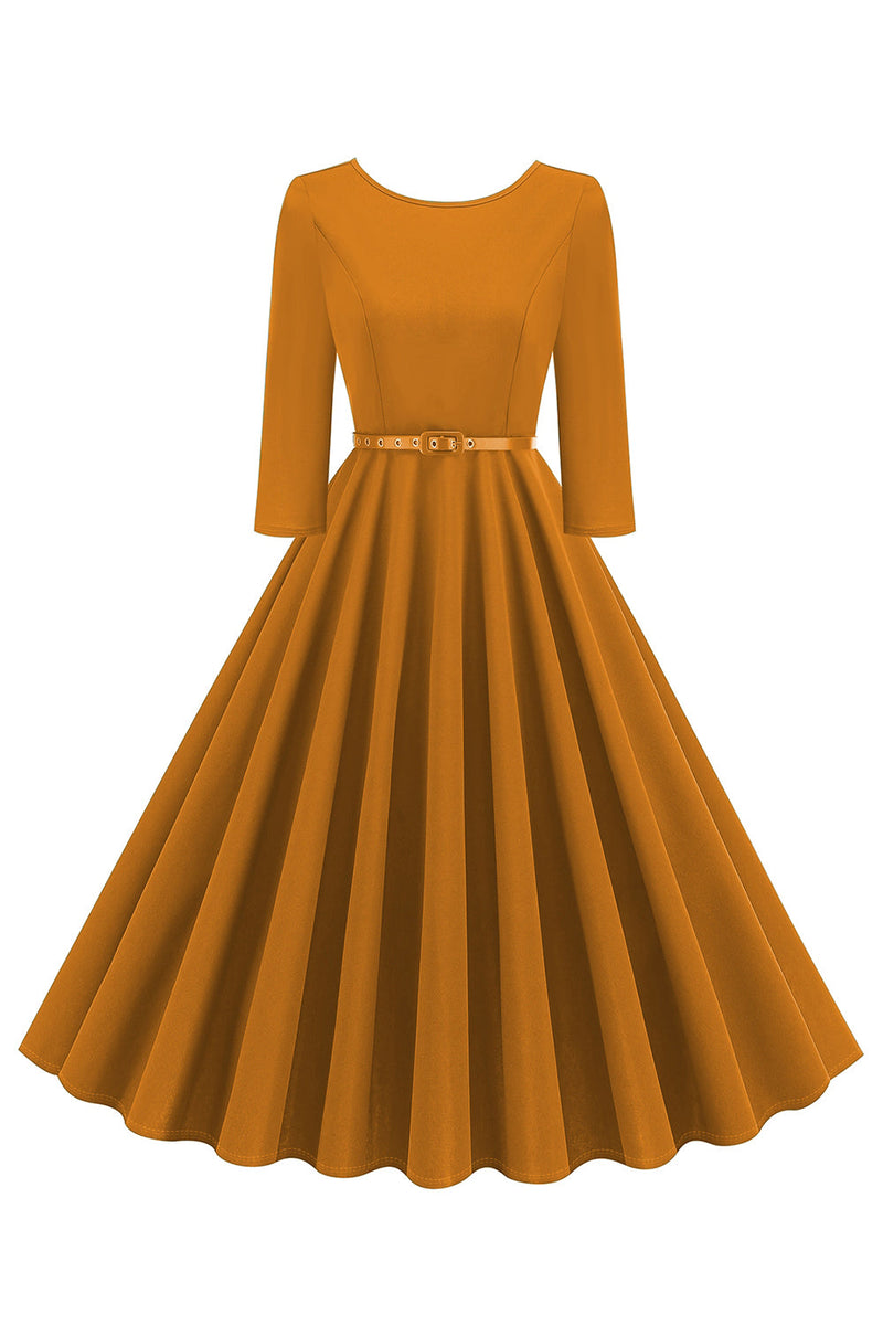 Load image into Gallery viewer, Yellow Round Neck Short Sleeves A-Line Midi 1950s Dress with Belt