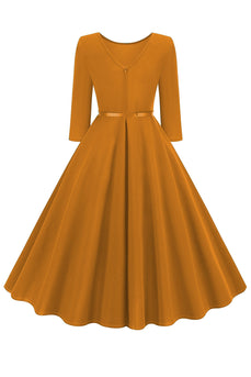 Yellow Round Neck Short Sleeves A-Line Midi 1950s Dress with Belt