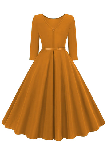 Yellow Round Neck Short Sleeves A-Line Midi 1950s Dress with Belt