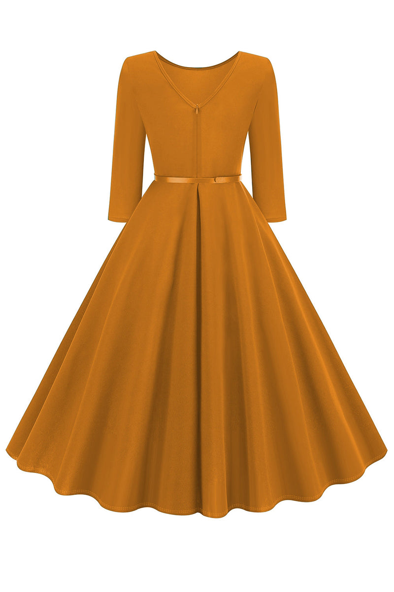 Load image into Gallery viewer, Yellow Round Neck Short Sleeves A-Line Midi 1950s Dress with Belt