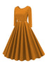 Load image into Gallery viewer, Yellow Round Neck Short Sleeves A-Line Midi 1950s Dress with Belt