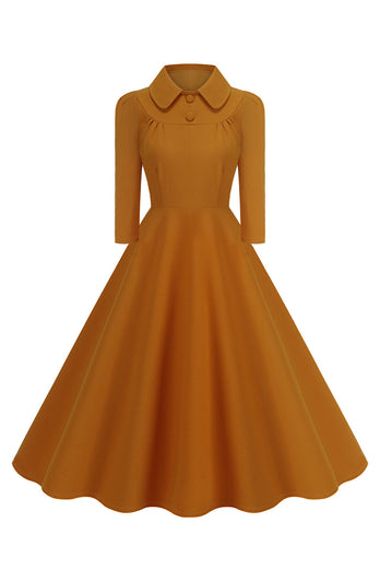 Yellow Peter Pan Collar Long Sleeves A-Line Midi 1950s Dress