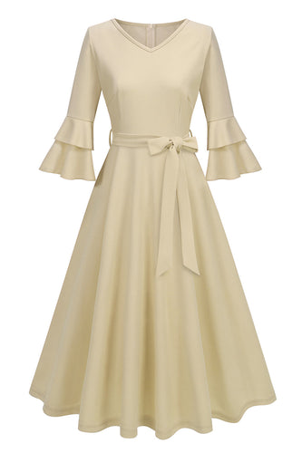 Apricot A-Line V-neck Half Sleeves Midi 1950s Dress