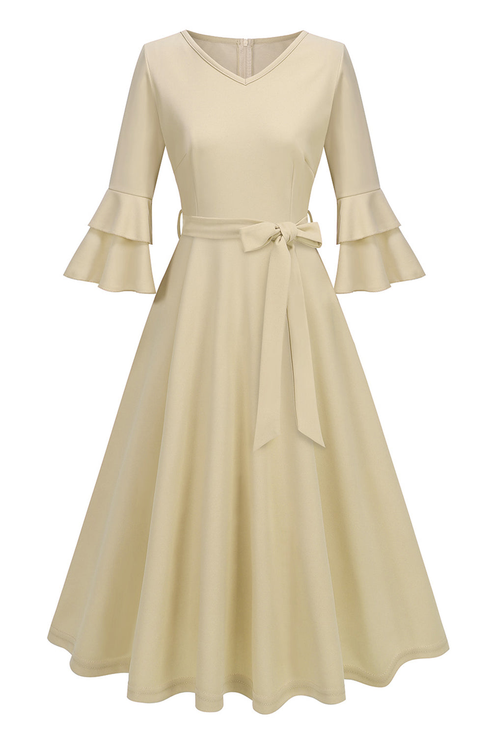 Apricot A-Line V-neck Half Sleeves Midi 1950s Dress