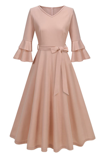 Apricot A-Line V-neck Half Sleeves Midi 1950s Dress