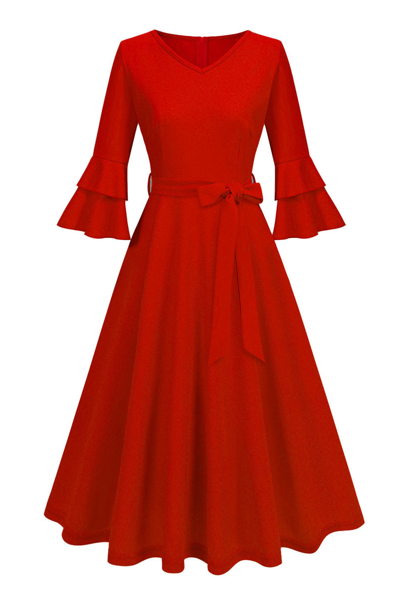 Load image into Gallery viewer, Apricot A-Line V-neck Half Sleeves Midi 1950s Dress