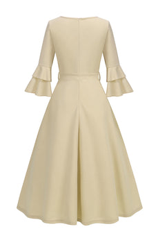 Apricot A-Line V-neck Half Sleeves Midi 1950s Dress