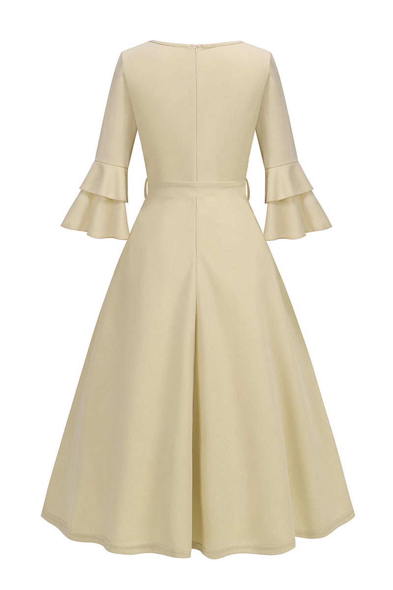 Load image into Gallery viewer, Apricot A-Line V-neck Half Sleeves Midi 1950s Dress