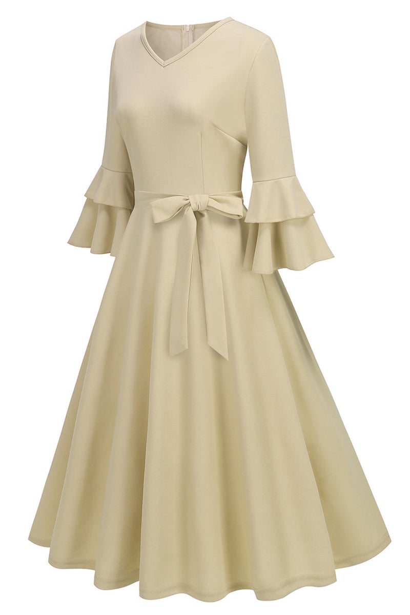 Load image into Gallery viewer, Apricot A-Line V-neck Half Sleeves Midi 1950s Dress