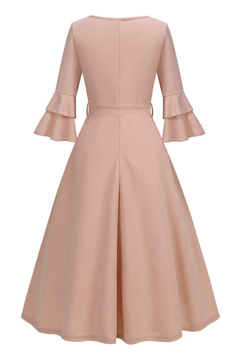 Apricot A-Line V-neck Half Sleeves Midi 1950s Dress