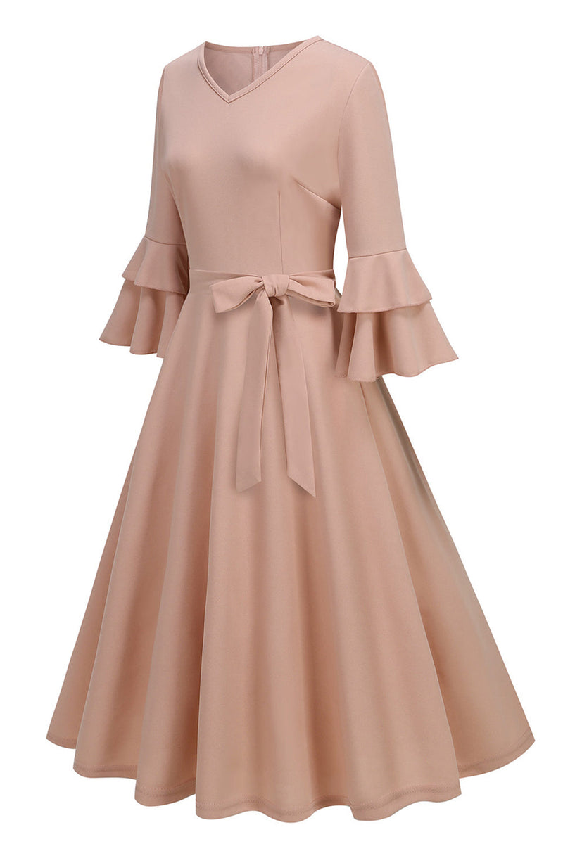 Load image into Gallery viewer, Apricot A-Line V-neck Half Sleeves Midi 1950s Dress