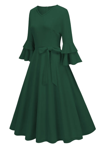 Apricot A-Line V-neck Half Sleeves Midi 1950s Dress