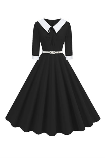 Black A-Line V-neck Short Sleeves Midi 1950s Dress