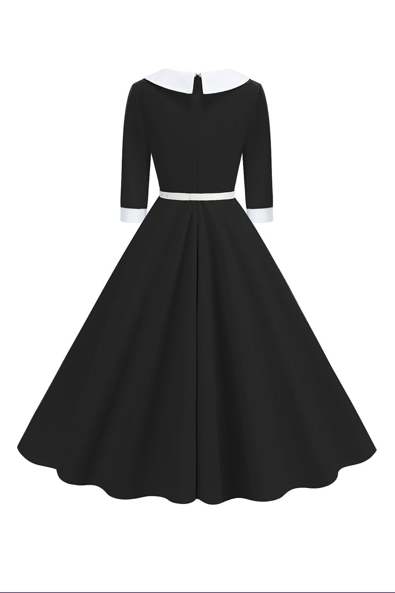 Load image into Gallery viewer, Black A-Line V-neck Short Sleeves Midi 1950s Dress