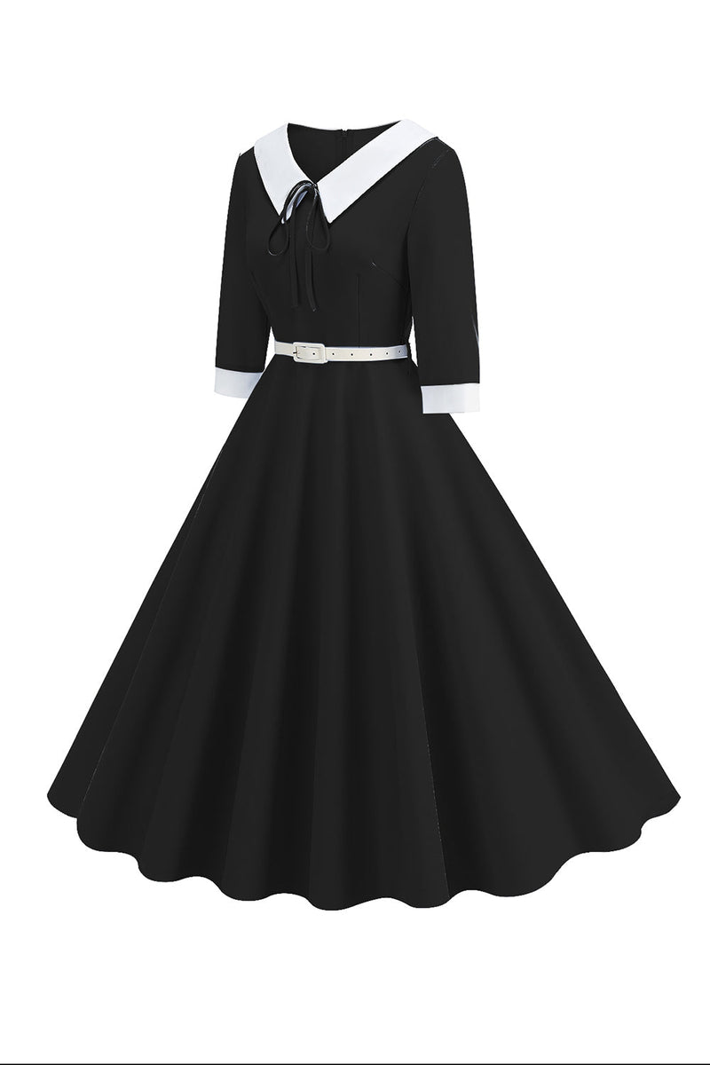 Load image into Gallery viewer, Black A-Line V-neck Short Sleeves Midi 1950s Dress