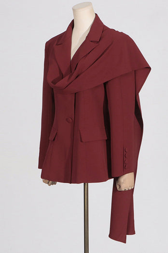 Burgundy Peak Lapel Single Breasted Women Blazer