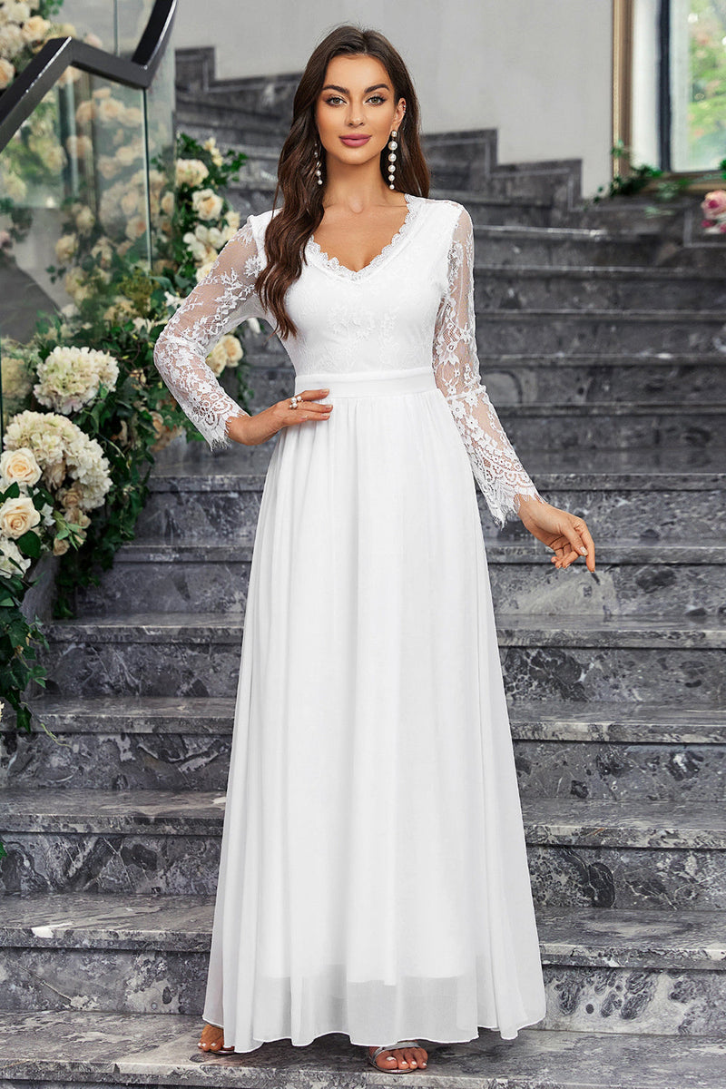 Load image into Gallery viewer, A-Line Long Sleeves V Neck Long White Dress