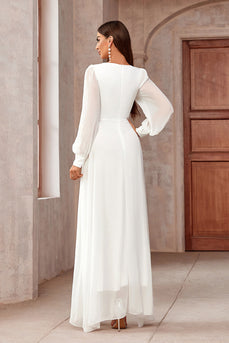 White A-Line Wrap Long Sleeves High-Low Party Dress