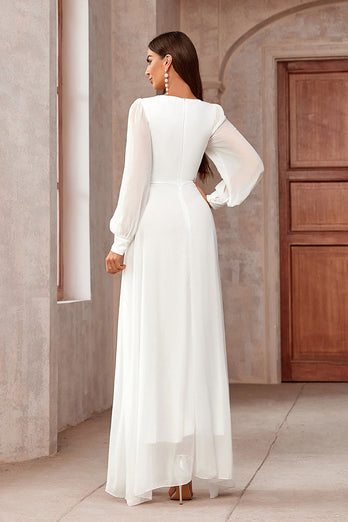 White A Line Wrap Long Sleeves High-Low Party Dress