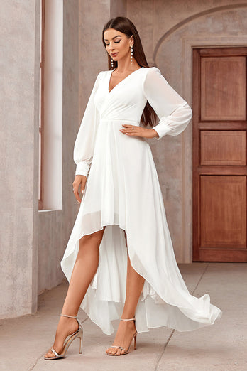 White A Line Wrap Long Sleeves High-Low Party Dress