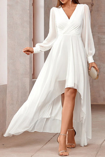 White A Line Wrap Long Sleeves High-Low Party Dress