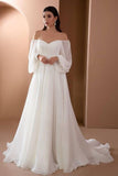 White Off the Shoulder Long Sleeves A Line Wedding Guest Dress