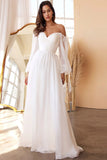 White A Line Off the Shoulder Long Sleeves Ruched Wedding Party Dress