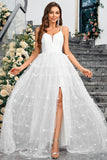White A Line Spaghetti Straps Appliques Tulle Long Wedding Guest Dress with Slit