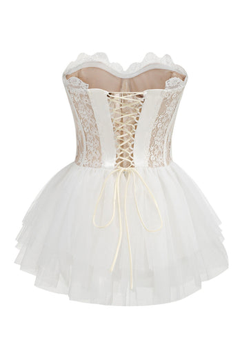 White Lace A-Line Strapless Corset Strapless Tiered Short Party Dress