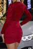 Load image into Gallery viewer, Sparkly Red Long-Sleeve Lace Ruched Cocktail Dress with Bow Tie