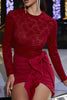 Load image into Gallery viewer, Sparkly Red Long-Sleeve Lace Ruched Cocktail Dress with Bow Tie