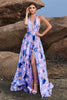 Load image into Gallery viewer, Floral Print Blue Purple A Line Halter Prom Dress with Slit