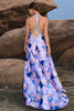 Load image into Gallery viewer, Floral Print Blue Purple A Line Halter Prom Dress with Slit