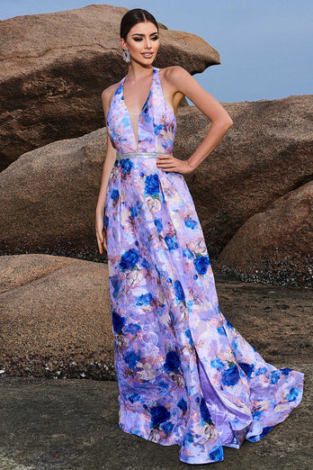 Floral Print Blue Purple A Line Halter Prom Dress with Slit