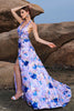 Load image into Gallery viewer, Floral Print Blue Purple A Line Halter Prom Dress with Slit