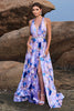 Load image into Gallery viewer, Floral Print Blue Purple A Line Halter Prom Dress with Slit