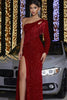 Load image into Gallery viewer, Sparkly Red Hollow Out One Shoulder Sleeve Fringe Mermaid Prom Dress with Slit