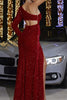 Load image into Gallery viewer, Sparkly Red Hollow Out One Shoulder Sleeve Fringe Mermaid Prom Dress with Slit