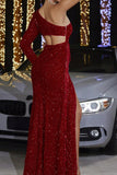 Sparkly Red Hollow Out One Shoulder Sleeve Fringe Sheath Prom Dress with Slit