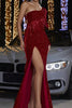 Load image into Gallery viewer, Sparkly Red Hollow Out One Shoulder Sleeve Fringe Mermaid Prom Dress with Slit