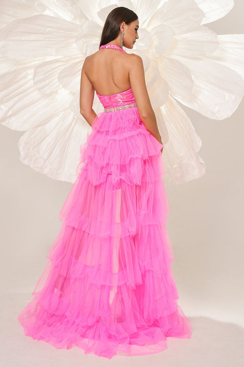 Load image into Gallery viewer, Fuchsia A Line Halter Tiered Tulle Prom Dress with Slit