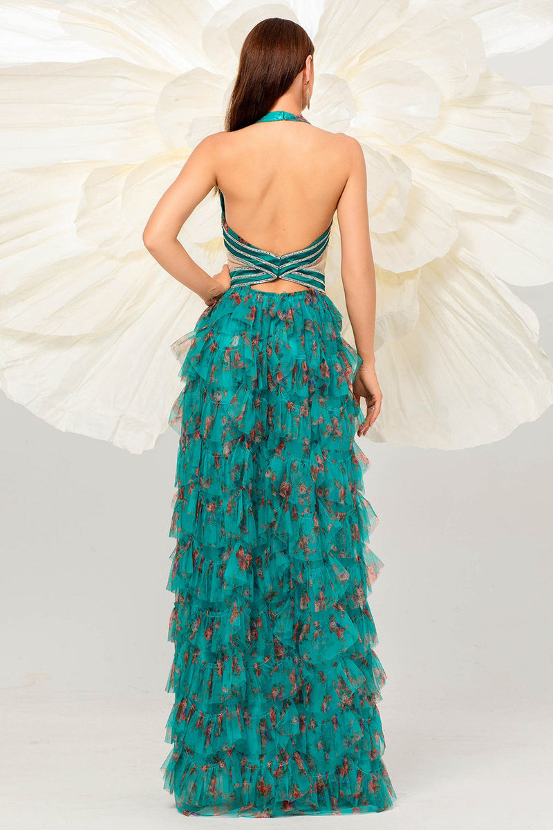 Load image into Gallery viewer, Dark Green Floral Halter A Line Tulle Prom Dress with Slit