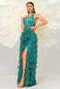 Load image into Gallery viewer, Dark Green Floral Halter A Line Tulle Prom Dress with Slit