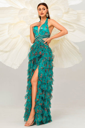 Dark Green Floral Halter A Line Tulle Prom Dress with Slit