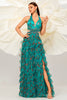 Load image into Gallery viewer, Dark Green Floral Halter A Line Tulle Prom Dress with Slit